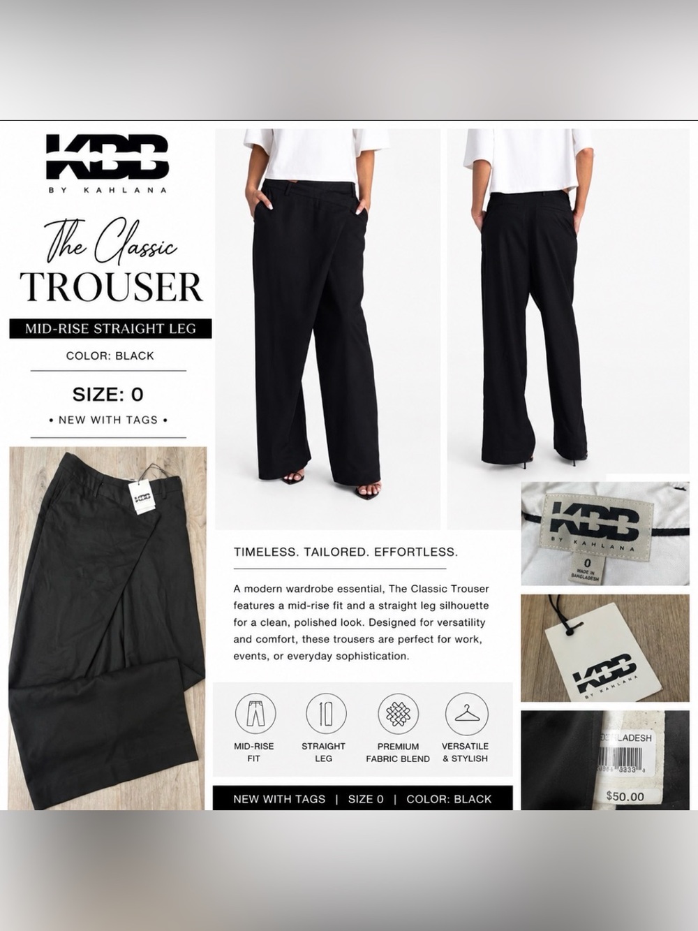 NWT KBB by KAHLANA The Classic Trouser Black Mid-Rise Straight Leg SZ 0